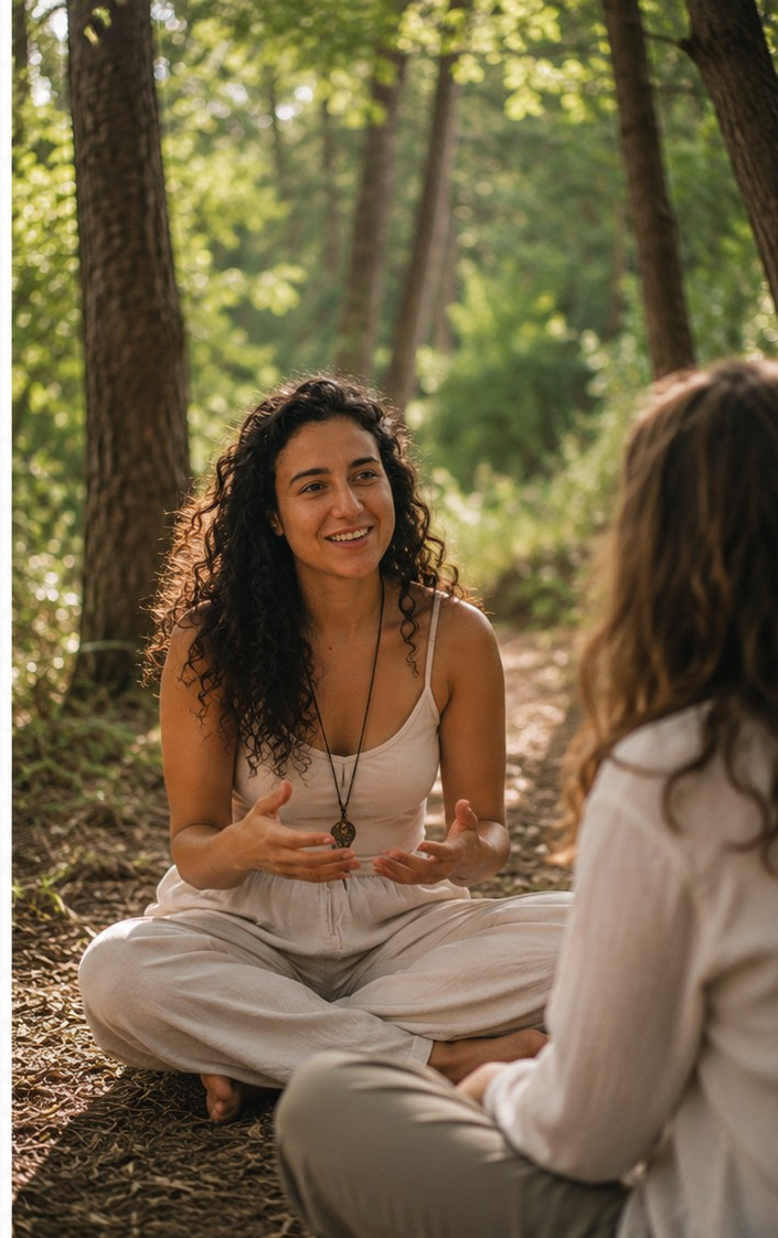 Women sharing in a forest healing circle